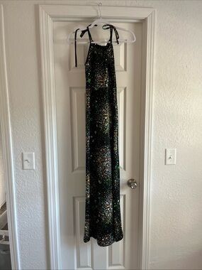 Vintage Retro Gay Gibson Floral Maxi Dress Sleeveless Tie Neck Stretchy Sz S